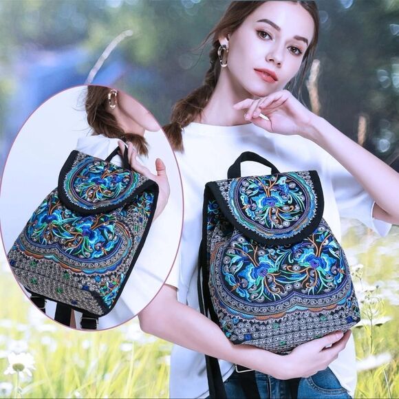 Goodhan Embroidered Bohemian Canvas Backpack Purse Blue/Purple Floral EUC main image 6